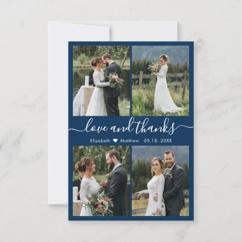 Love and Thanks Script Navy White Collage Wedding Thank You Card
