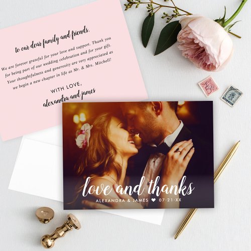 Love and Thanks Script Overlay Wedding Photo Pink Thank You Card