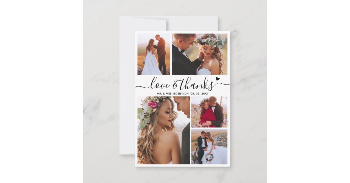 Love and Thanks Script Photo Collage Heart Wedding Thank You Card | Zazzle