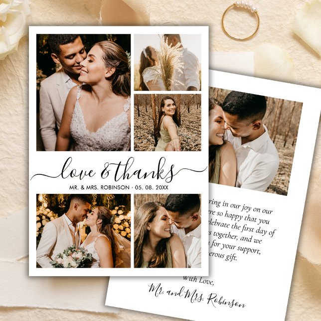 Love and Thanks Script Photo Collage Wedding Thank Thank You Card (Creator Uploaded)