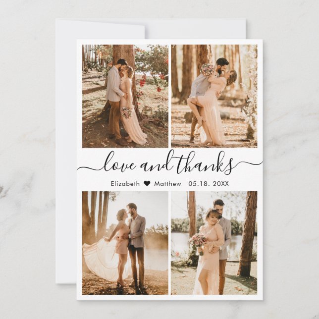 Love and Thanks Script Photo Collage Wedding Thank You Card (Front)