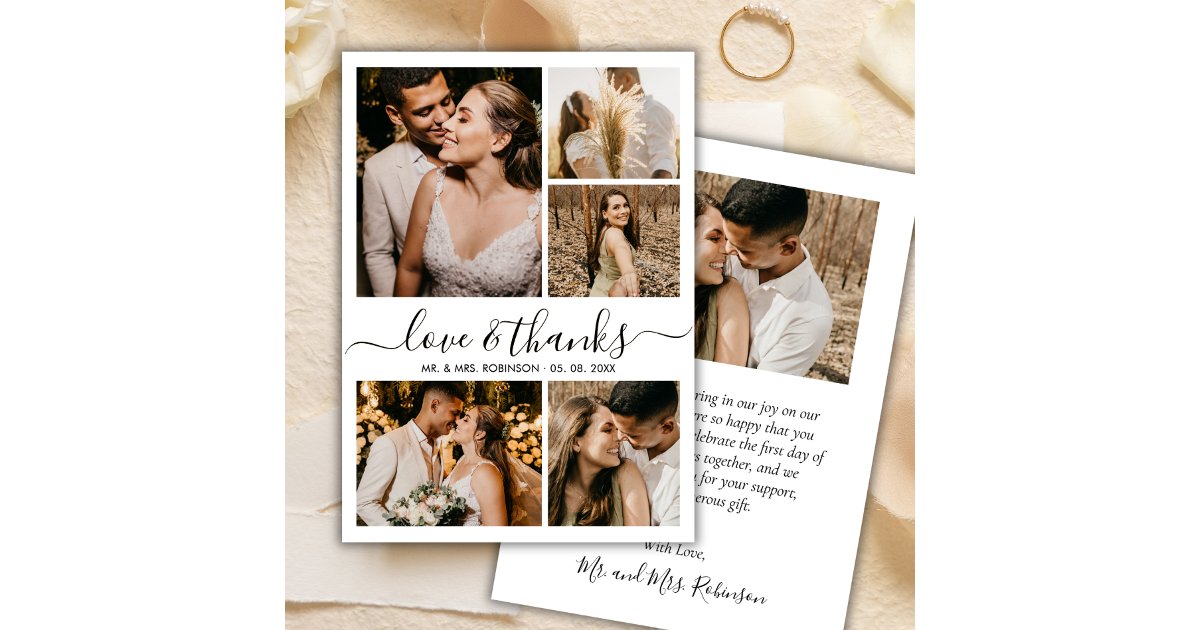 Love and Thanks Script Photo Collage Wedding Thank You Card | Zazzle