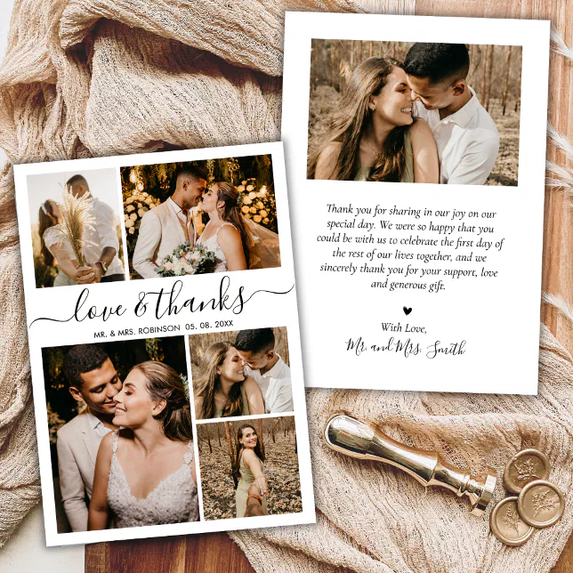 Love and Thanks Script Photo Collage Wedding Thank You Card | Zazzle