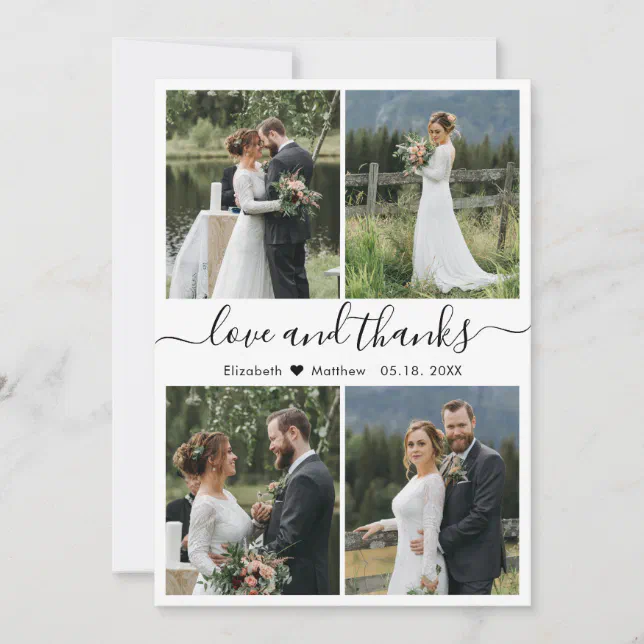 Love and Thanks Script Photo Collage Wedding Thank You Card | Zazzle