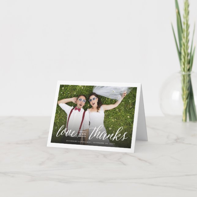Love And Thanks Script Photo Wedding Thank You Note Card (Front)