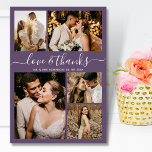 Love and Thanks Script Purple 5 Photo Wedding Thank You Card<br><div class="desc">Elegant, Minimalist Script Dusty Purple 5 Photo Collage Wedding Thank You Cards. Modern wedding thank you card template featuring five (5) photo on the front and one (1) photo on the back. With the text "Love and thanks" in a swirly hand lettered typography script font in white on mauve or...</div>