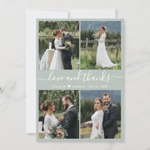 Love and Thanks Script Sage Green Collage Wedding Thank You Card