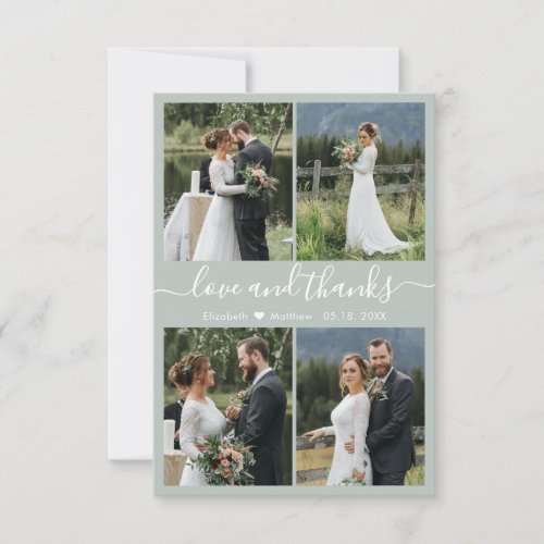 Love and Thanks Script Sage Green Collage Wedding Thank You Card