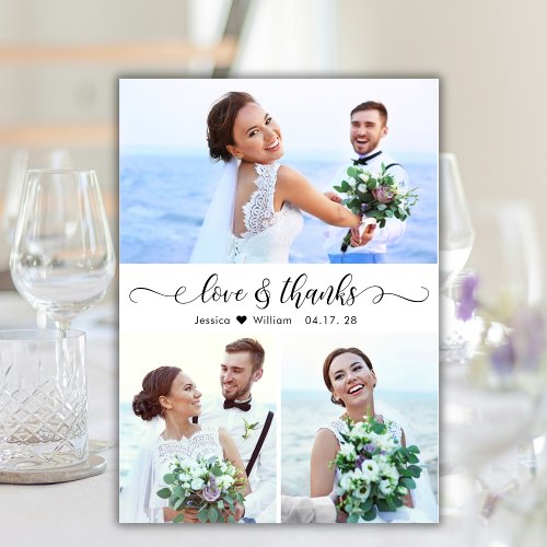 Love and Thanks Script Wedding 3 Photo Collage Thank You Card