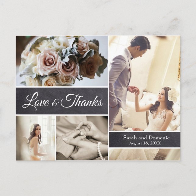 LOVE and THANKS Script Wedding Collage Photos Postcard (Front)