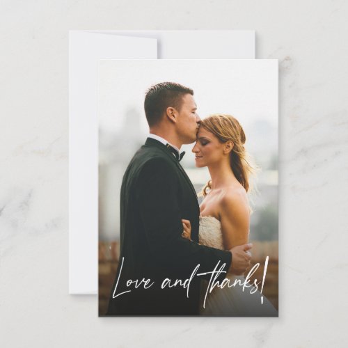 Love and thanks script wedding photo thank you card