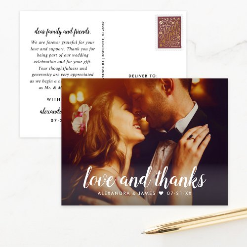 Love and Thanks Script Wedding Photo Thank You Postcard