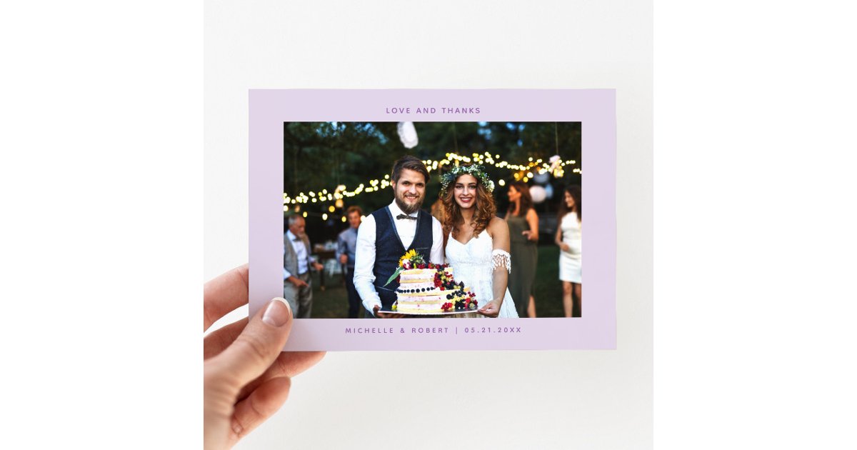Love and Thanks Simple Wedding Photo Lilac Thank You Card | Zazzle