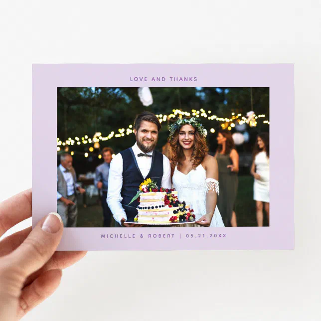 Love and Thanks Simple Wedding Photo Lilac Thank You Card | Zazzle