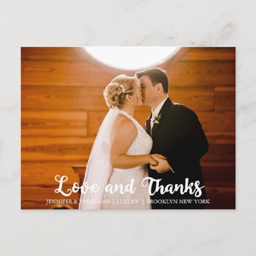 Love and Thanks Simple Wedding Photo White Script Postcard
