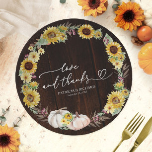 Love and Thanks Sunflower White Pumpkin Wedding Paper Plates