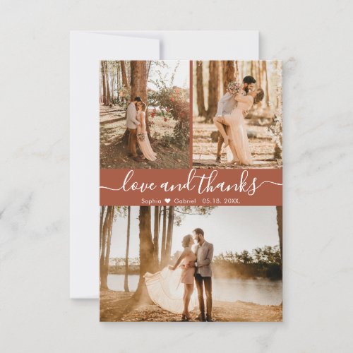 Love and Thanks Terracotta Wedding 3 Photo Collage Thank You Card
