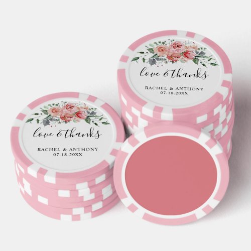 Love and Thanks Wedding Custom Pink Floral Boho Poker Chips