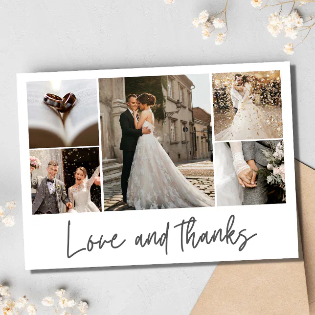 Love and Thanks Wedding Elegant Photo Collage Thank You Card | Zazzle