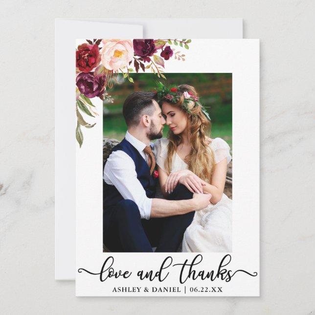 Love and Thanks Wedding Photo Burgundy Floral Thank You Card (Front)