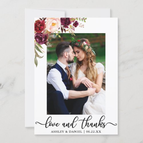 Love and Thanks Wedding Photo Burgundy Floral Thank You Card