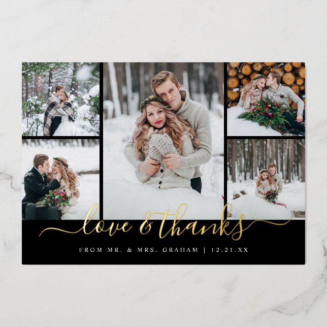 Love and Thanks Wedding Photo Collage Foil Card (Front)