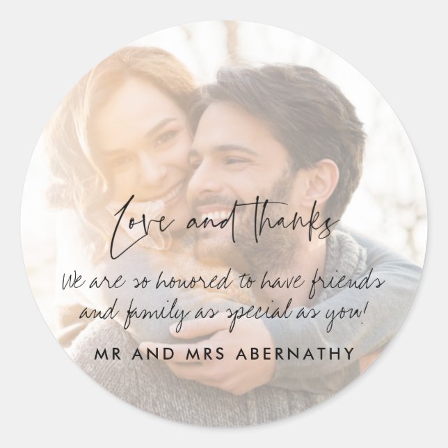 Love and Thanks Wedding Photo Favor  Classic Round Sticker (Front)