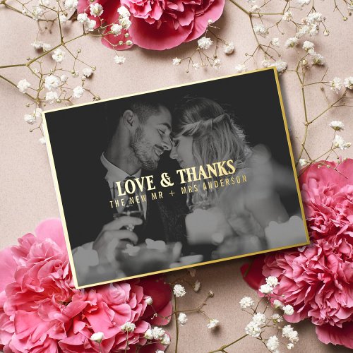 Love and Thanks Wedding Photo Thank You  Overlay Foil Holiday Postcard