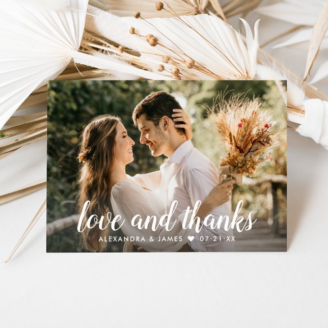 Love and Thanks White Script Wedding Photo Thank You Card (Creator Uploaded)