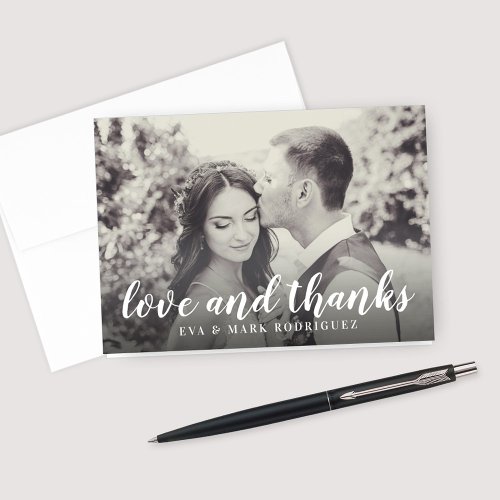 Love and Thanks White Script Wedding Sepia Photo Thank You Card