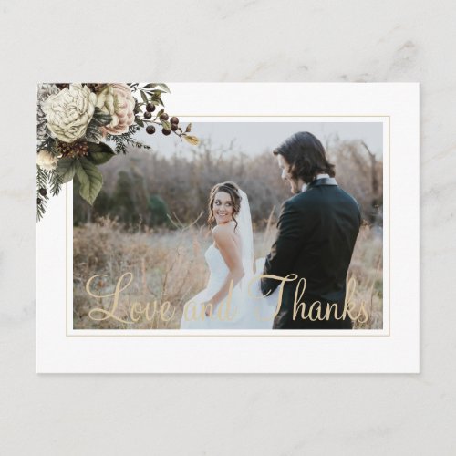 Love and thanks winter peonies wedding thank you postcard