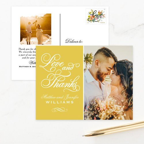 Love and Thanks Yellow Wedding Photo Thank You Postcard