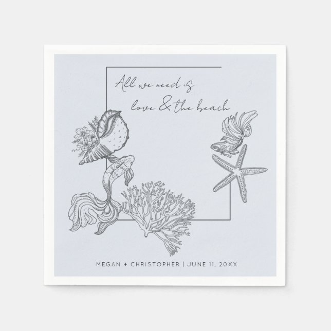 Love and The Beach Coastal Seashell Wedding Napkins (Front)