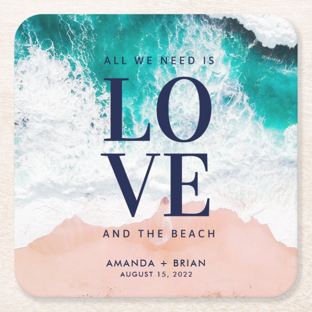 Love and the Beach Coastal Wedding Square Paper Coaster (Front)