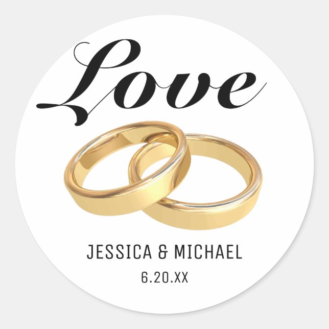 Love and Wedding Rings, Bride Groom Names Classic Round Sticker (Front)