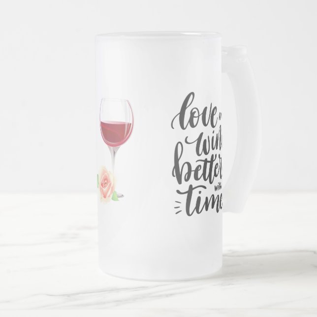 Love and Wine with Rose Frosted Glass Beer Mug (Front Right)