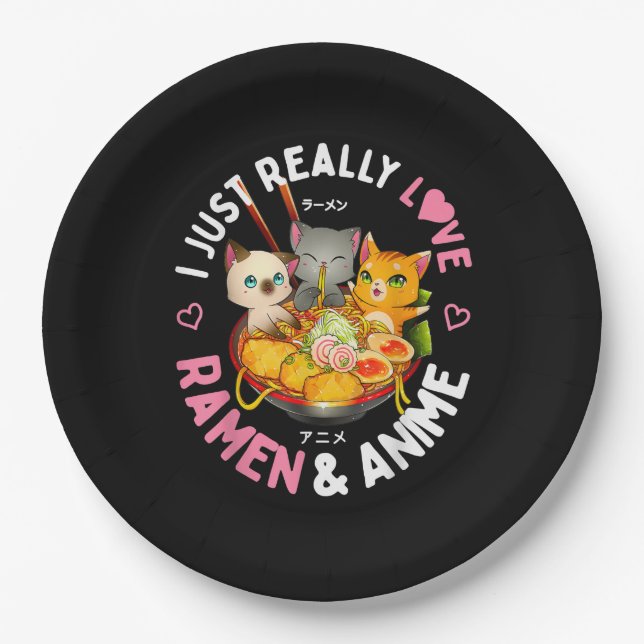 Love Anime and Ramen Japanese Noodles Cat Kawaii Paper Plates (Front)