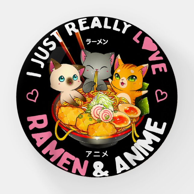 Love Anime and Ramen Japanese Noodles Cat Kawaii Paperweight (Front)