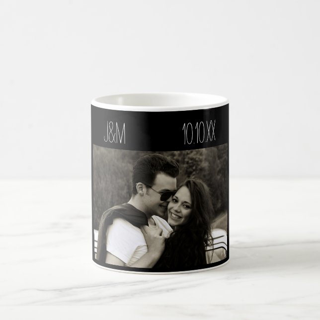 Love Anniversary Couple Photo Date Initials Black Coffee Mug (Center)