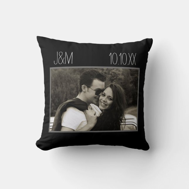 Love Anniversary Couple Photo Date Initials Black Throw Pillow (Front)