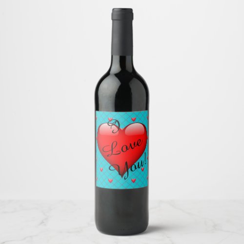 Love Aqua and Red Heart Romantic Wine Label