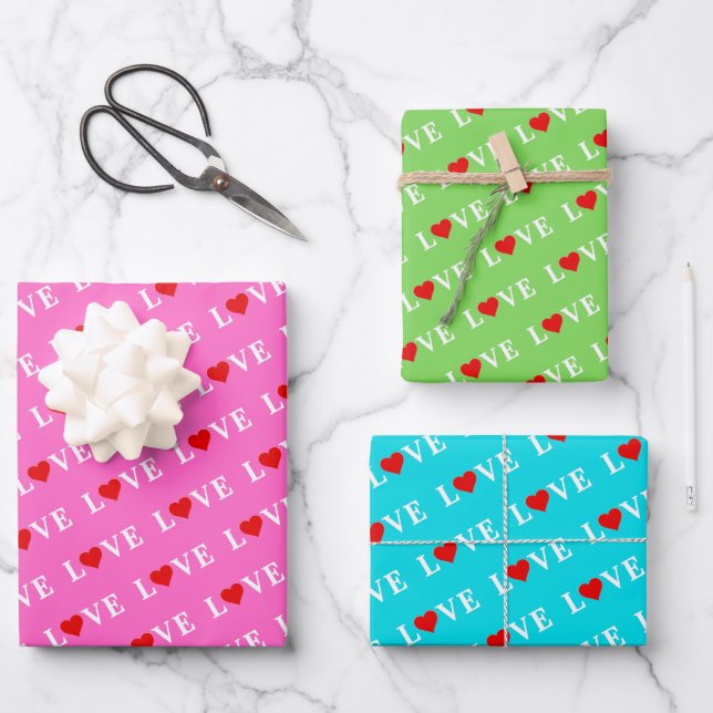LOVE Aqua Blue Lime Green Pink Wrapping Paper Sheets (Front)