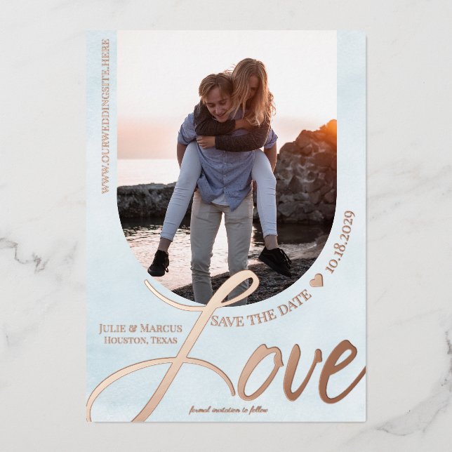 Love Arched Frame with Photo Light Blue Foil Invitation (Front)