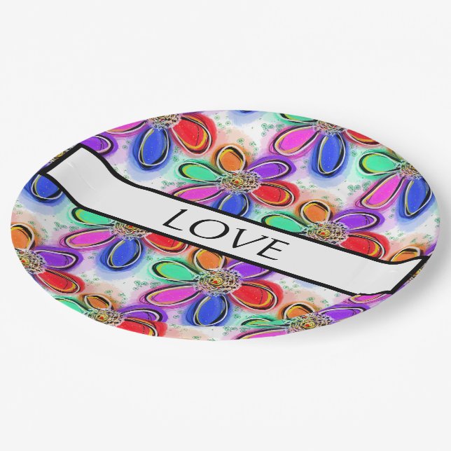 Love Artsy Colorful Watercolor Flowers Paper Plates (Angled)