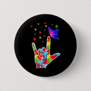 Love ASL Sign Language Puzzle Butterfly Autism Awa Button