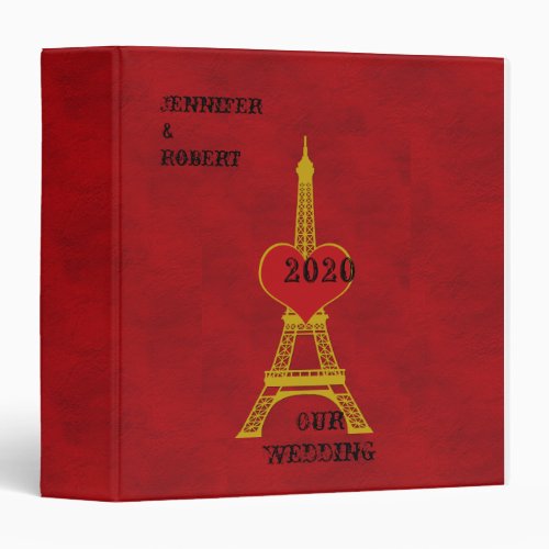 Love at Eiffel Tower in Red and Gold Wedding Album 3 Ring Binder