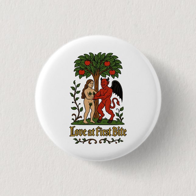 Love at First Bite – Medieval Devil & Eve Meme Button (Front)