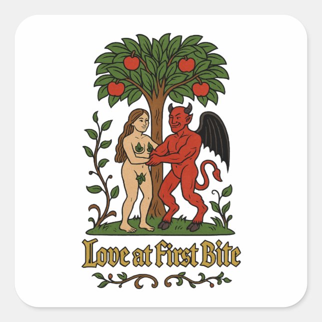 Love at First Bite – Medieval Devil & Eve Meme Square Sticker (Front)