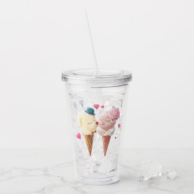 Love at First Lick: Bichon & Cat Ice Cream Art Acrylic Tumbler (Front Ice)