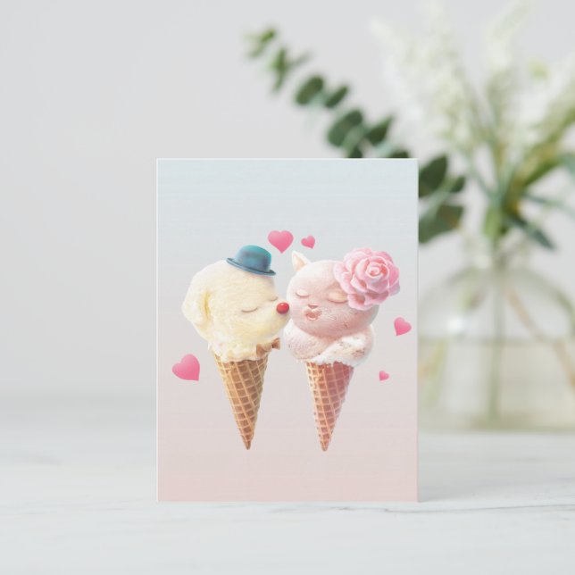Love at First Lick: Bichon & Cat Ice Cream Art Announcement Postcard (Standing Front)